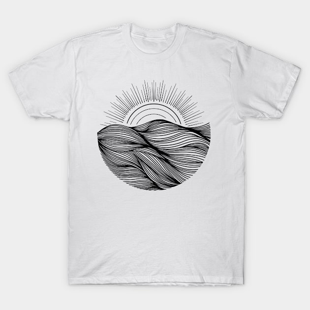 Line art like a sea with a sun in circle T-Shirt by satu_empat